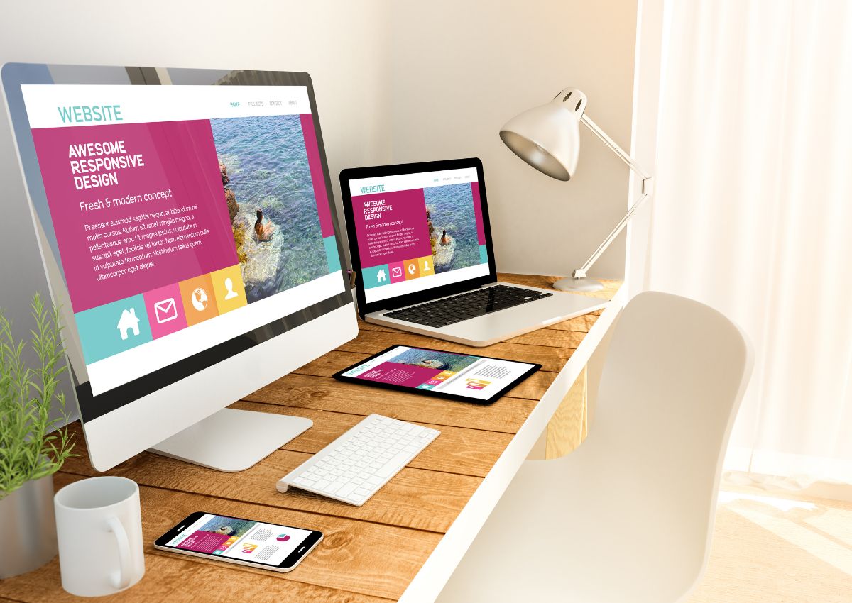 Simply The Best Digital Marketing photo showing responsive web design displaying the same website across multiple mobile devices and computer monitor on a white and wooden-top table in a white room