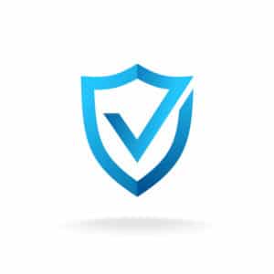 Shield with check mark badge logo. Secure is ok sign. Blue color