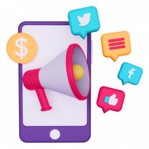 simply the best digital marketing social media marketing graphic featuring a bullhorn and social media icons.