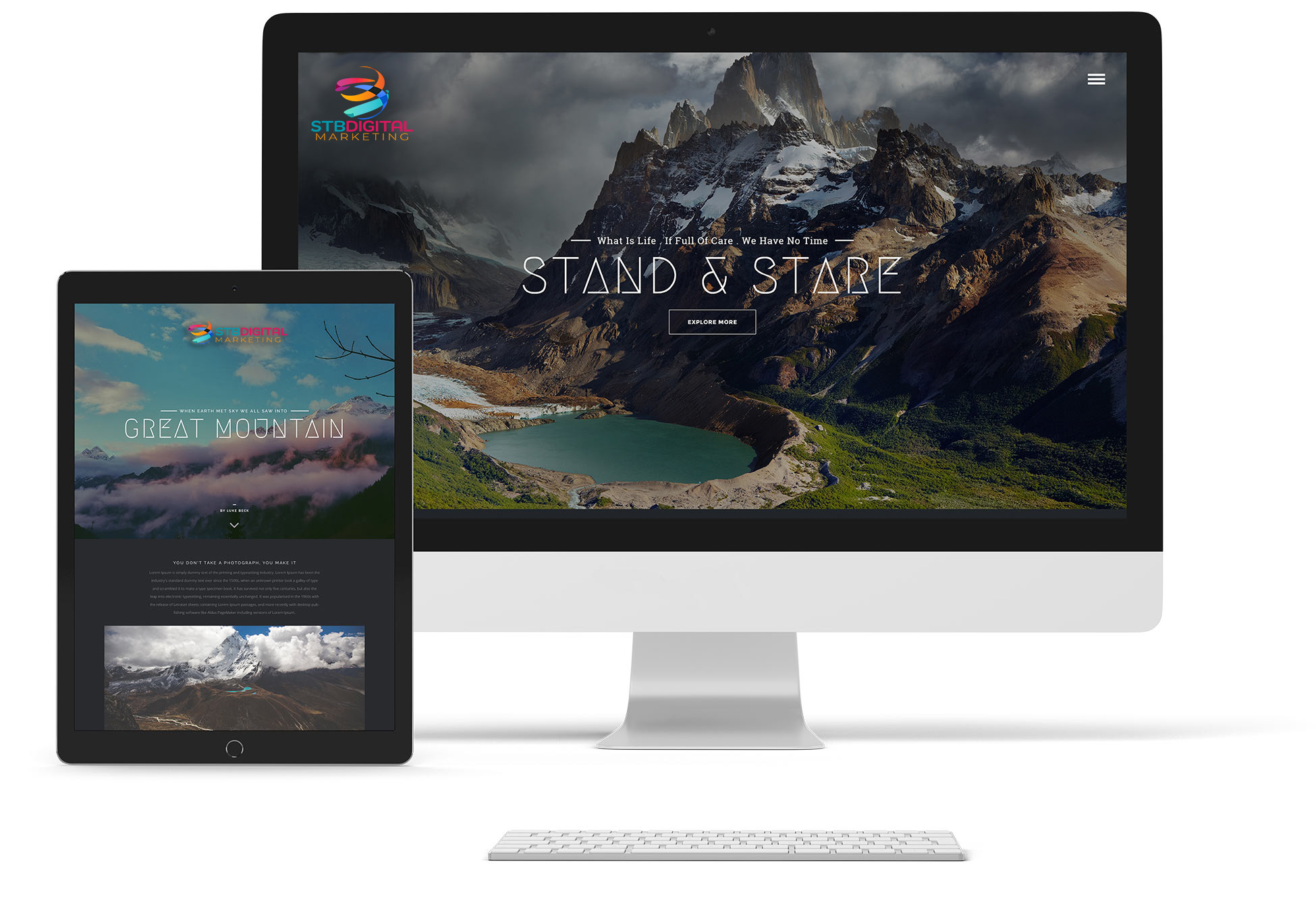 Responsive Web Design image of a desktop monitor and a mobile device standing side-by-side containing the Simply The Best Digital Marketing logo in front of a mountainous background.