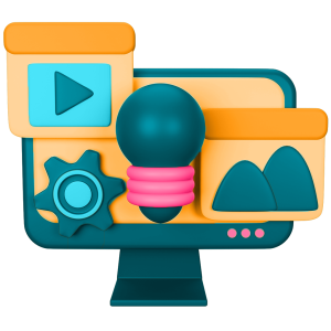 simply the best digital marketing graphic for content marketing services featuring a video icon, gear icon, light bulb icon, and image icon on a blue blue-green and orange display