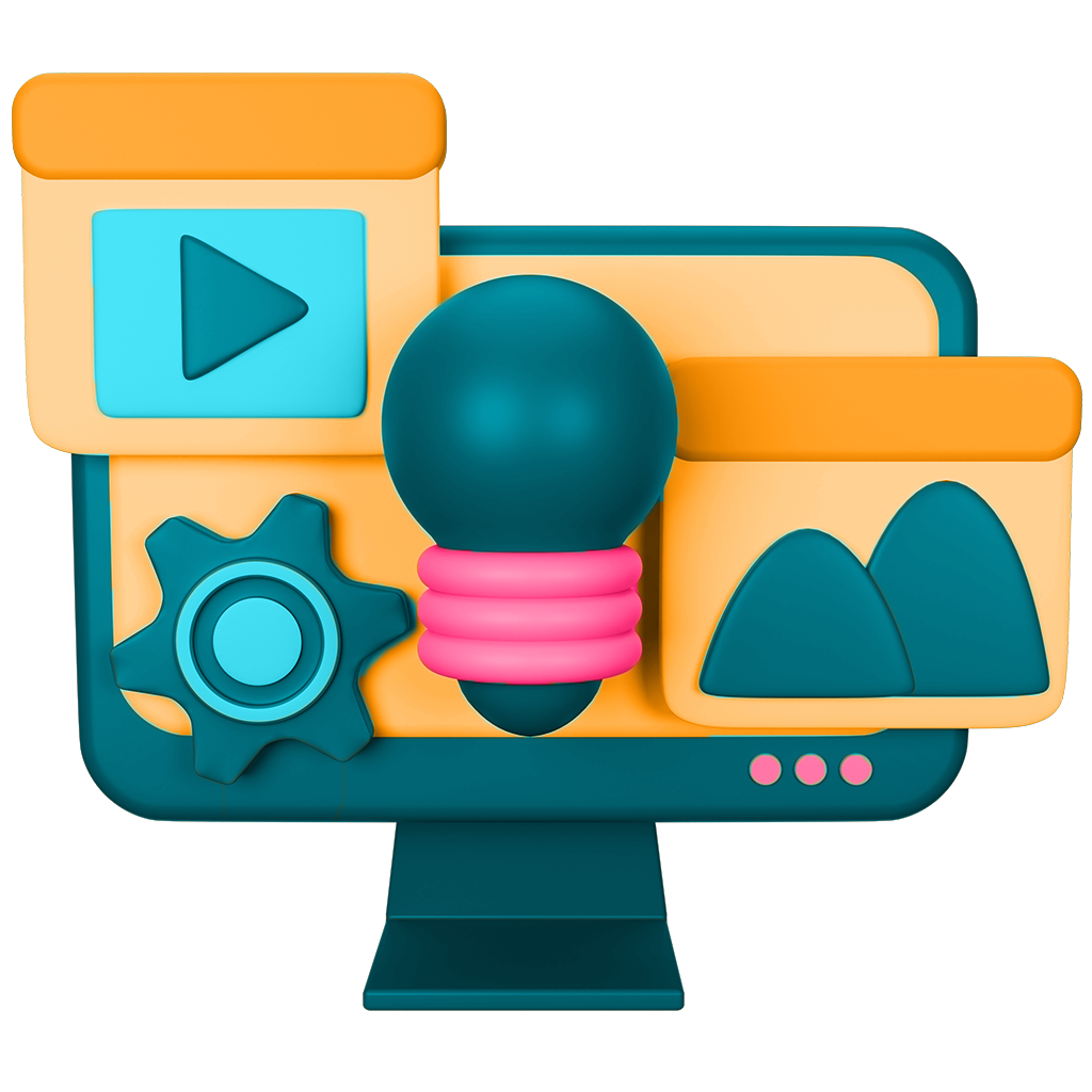 simply the best digital marketing graphic for content marketing services featuring a video icon, gear icon, light bulb icon, and image icon on a blue blue-green and orange display