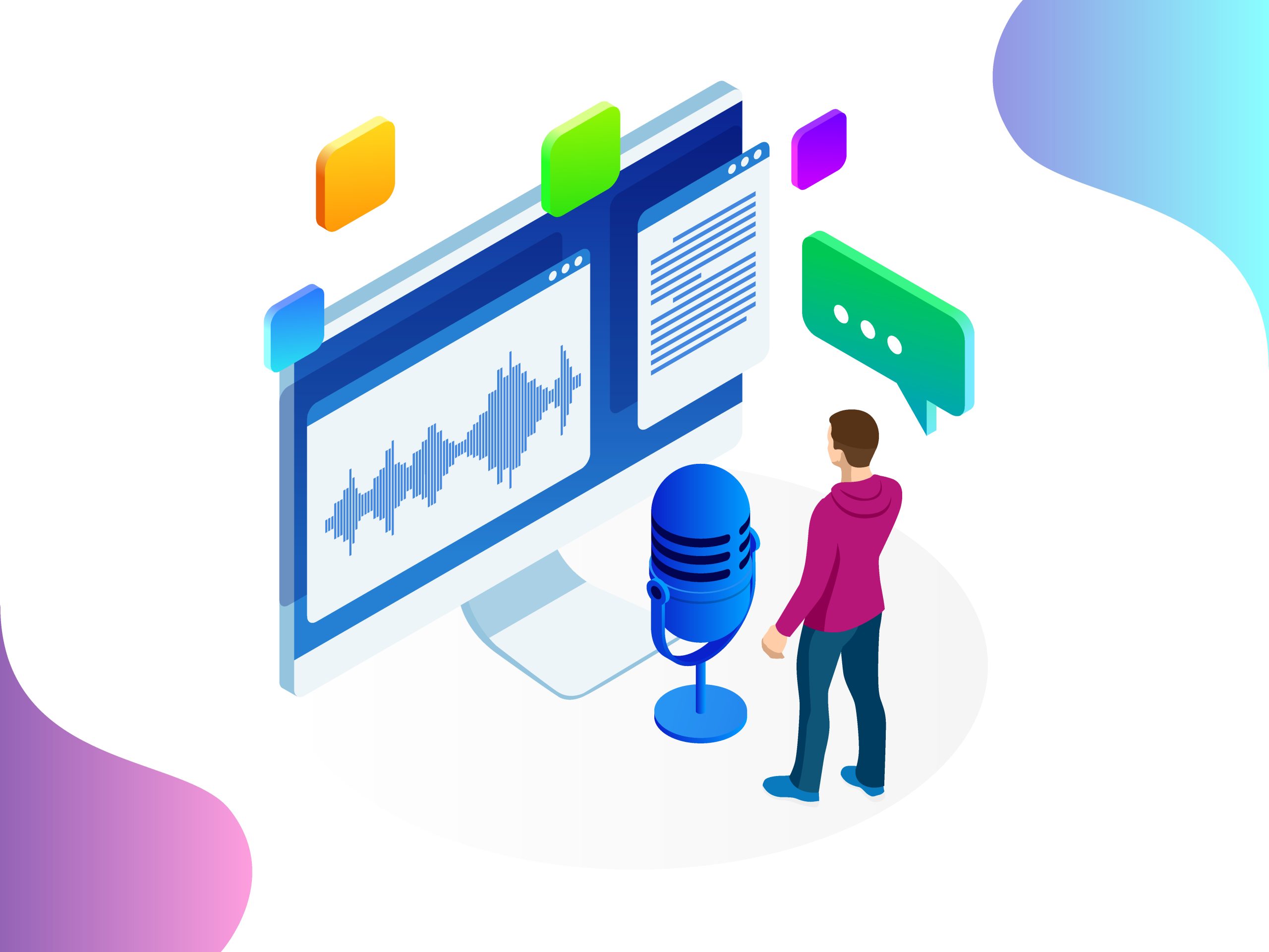 Isometric speech recognition, intelligent personal assistant created concept. Voice recognition vector illustration.