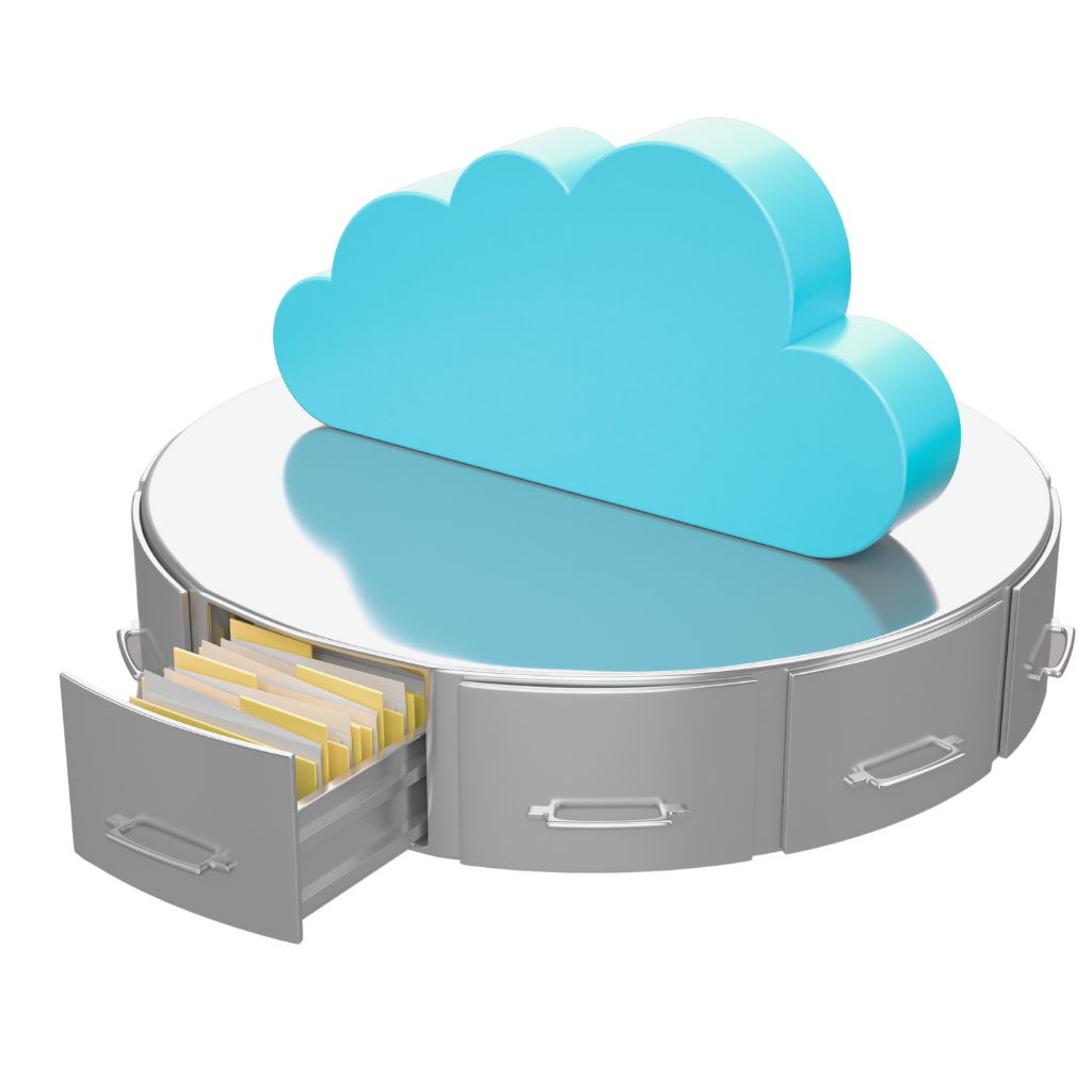 image of simply the best digital blue cloud sitting atop a silver circular file cabinet for cloud hosting.