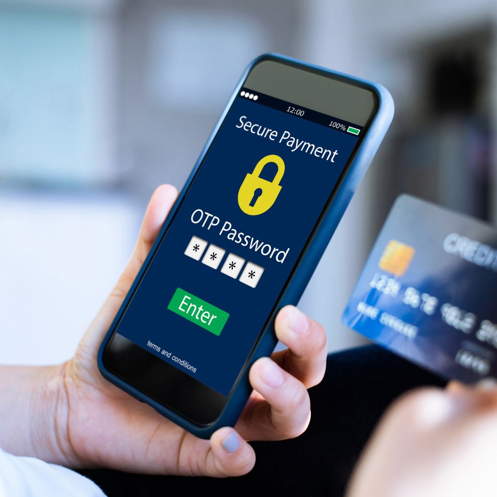 simply the best digital marketing secure payment mobile device photo showing a blue screen with yellow lock, OTP Password and green enter button.