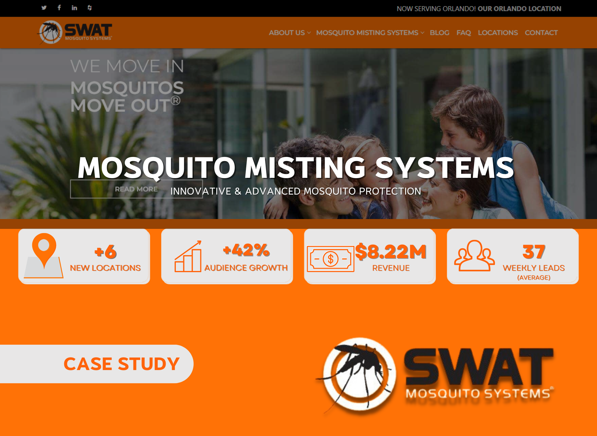 Infographic of SWAT Mosquito Systems Case Study content with orange and gray coloring