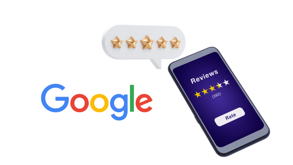 Google Reputation Management Strategies displaying the Google logo, a chat bubble with 5 gold stars, and a cell phone with reviews