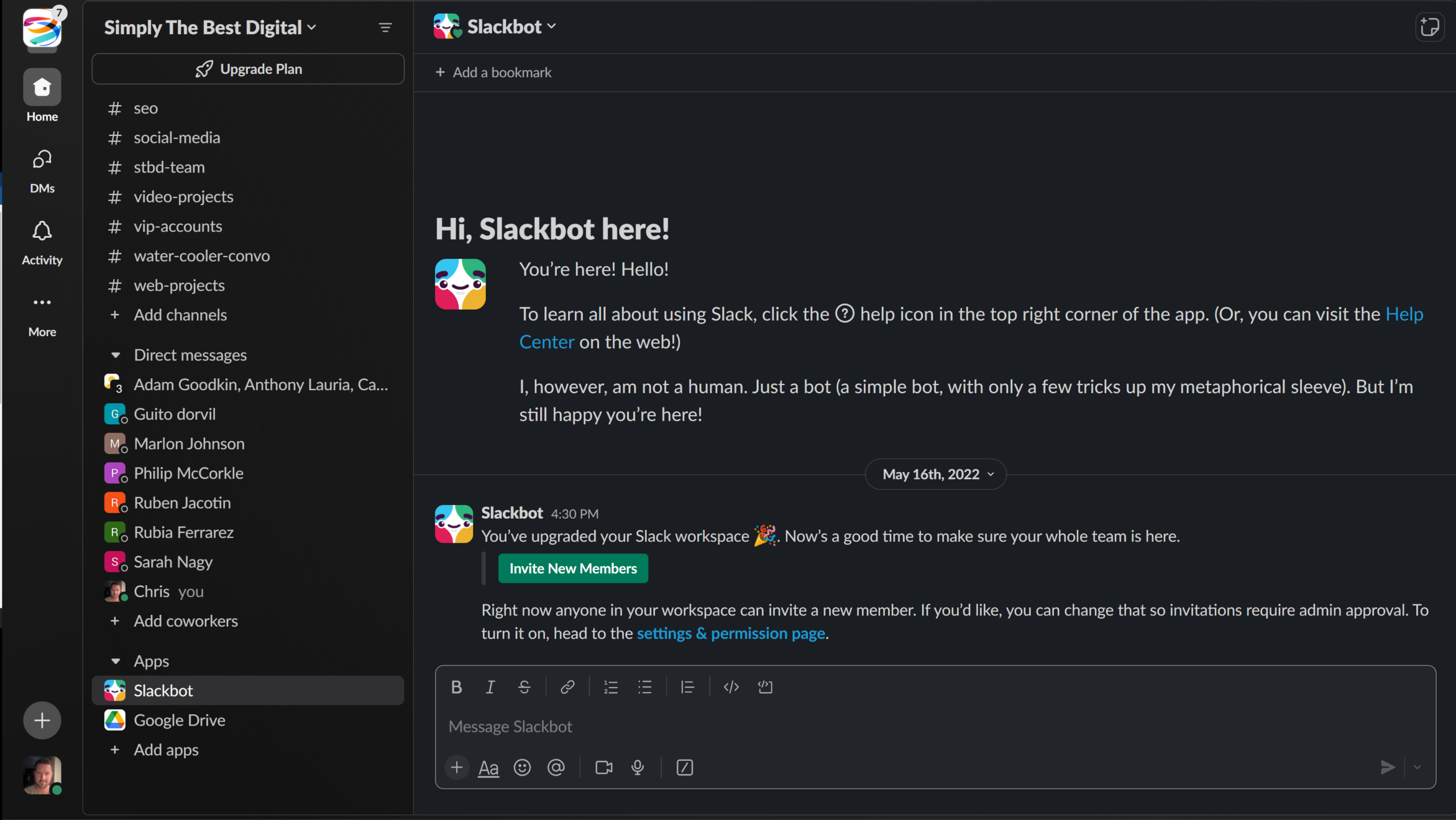 Screenshot of Simply The Best Digital Marketing Slack Dashboard