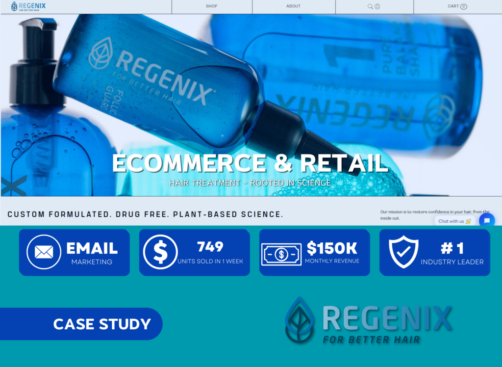 Cover image for a Regenix case study showing blue hair treatment bottles with statistics highlights on e-commerce success.