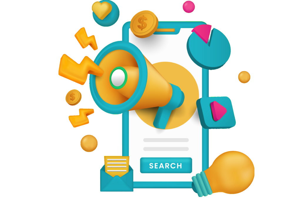 An eye-catching digital marketing illustration featuring a smartphone with a search bar, enveloped by a megaphone, light bulb, gold coins, email icon, heart symbol, and pie chart.