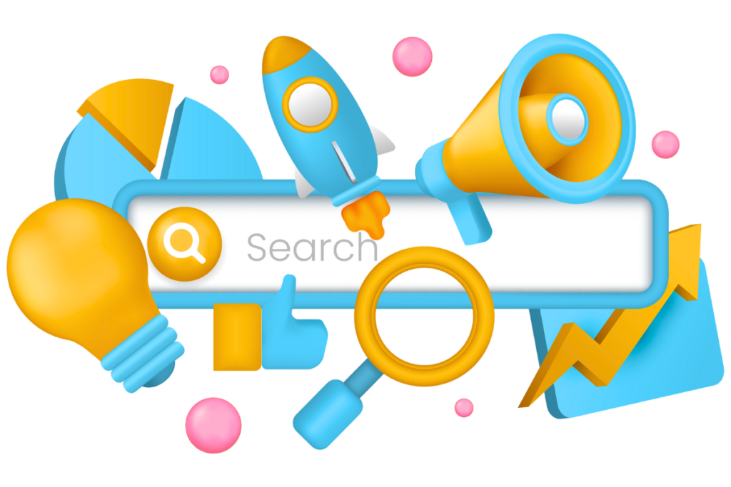 An illustrated graphic with vibrant icons representing digital marketing tools, including a search bar, rocket, megaphone, light bulb, magnifying glass, and graphs